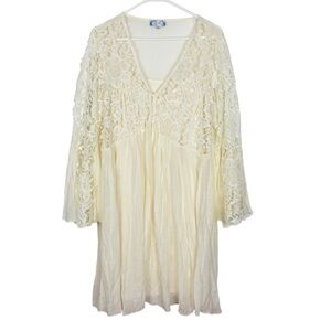 J Gee Women 1X Cream Boho Dress Floral Lace Flare Sleeve Cottagecore Coquette